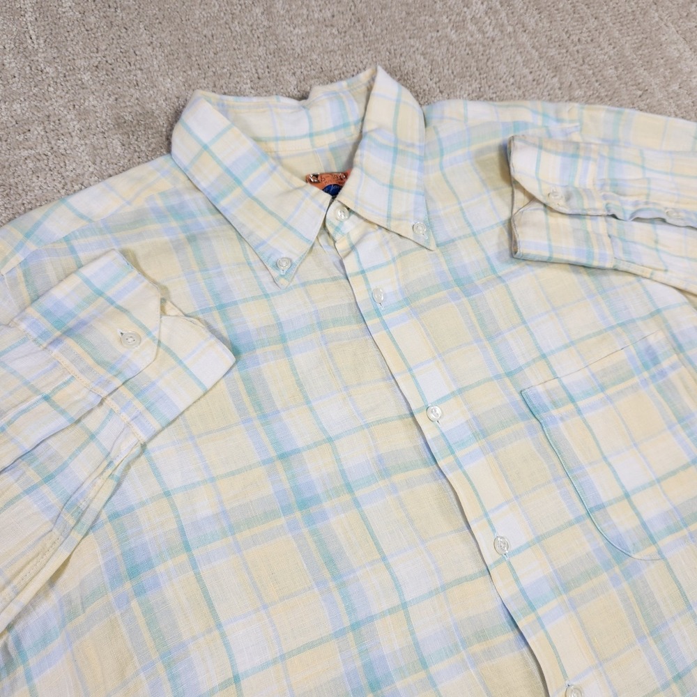 Tom James Linen Shirt Men Large Custom Made USA‎ Yellow Blue Plaid Button Up